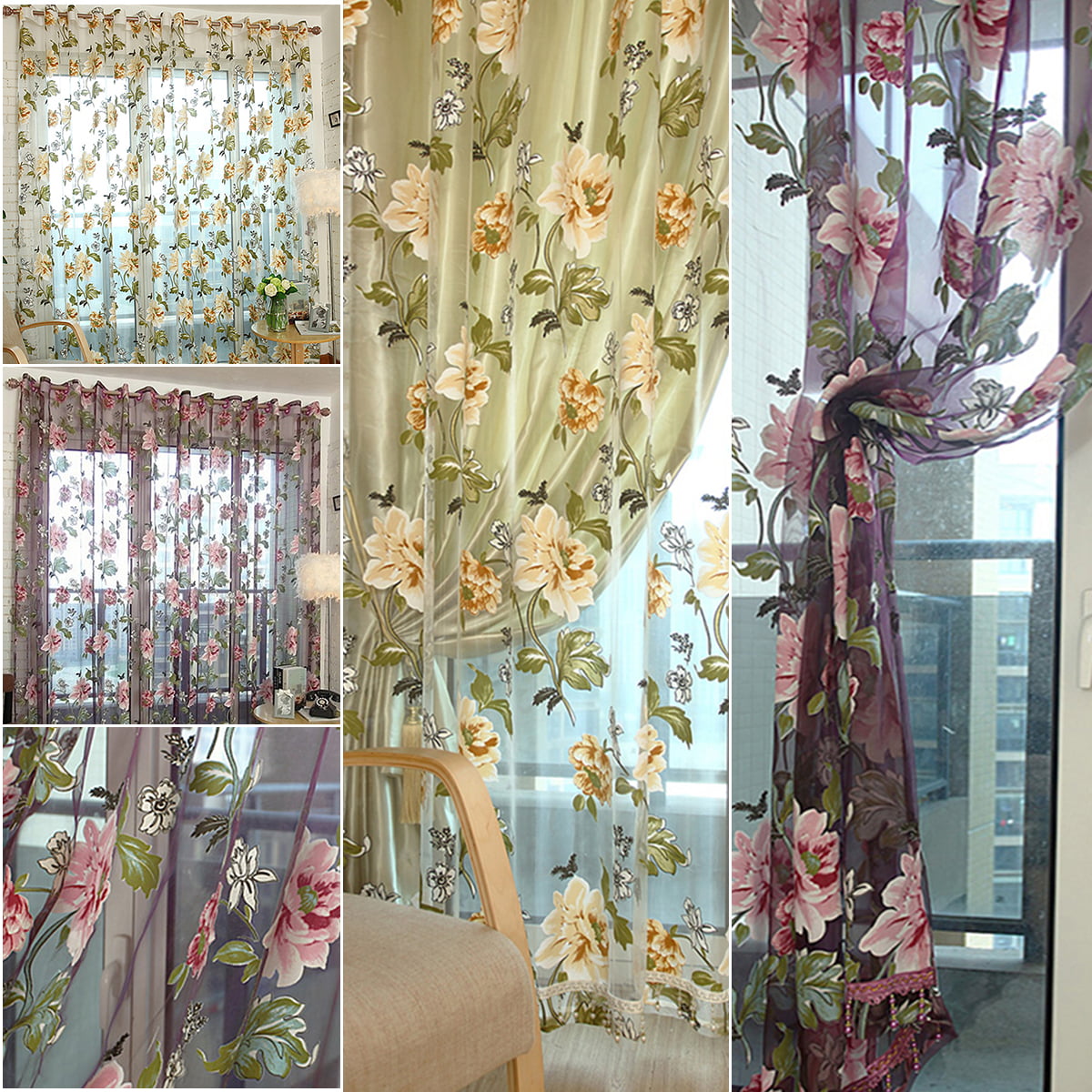 Romantic Floral Tulle Voile Door Window Curtain Drape Panel Sheer Scarf Valances 