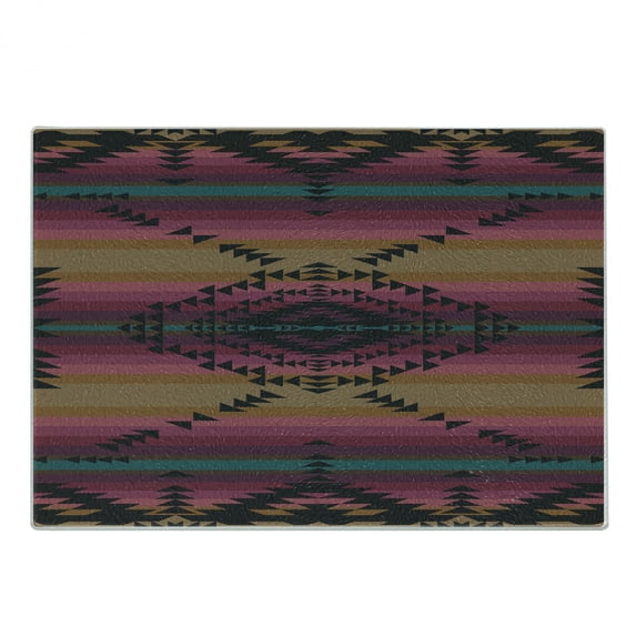 Ethnic Cutting Board, Tribal Trinagles Motif on Colorful Stripes Artistic Folk Pattern, Decorative Tempered Glass Cutting and Serving Board, in 3 Sizes, by Ambesonne