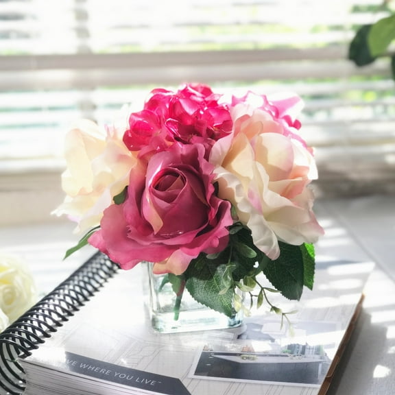 Enova Home Artificial Mixed Cream Purple Rose and Hydrangea Silk Flowers Arrangement in Clear Glass Vase