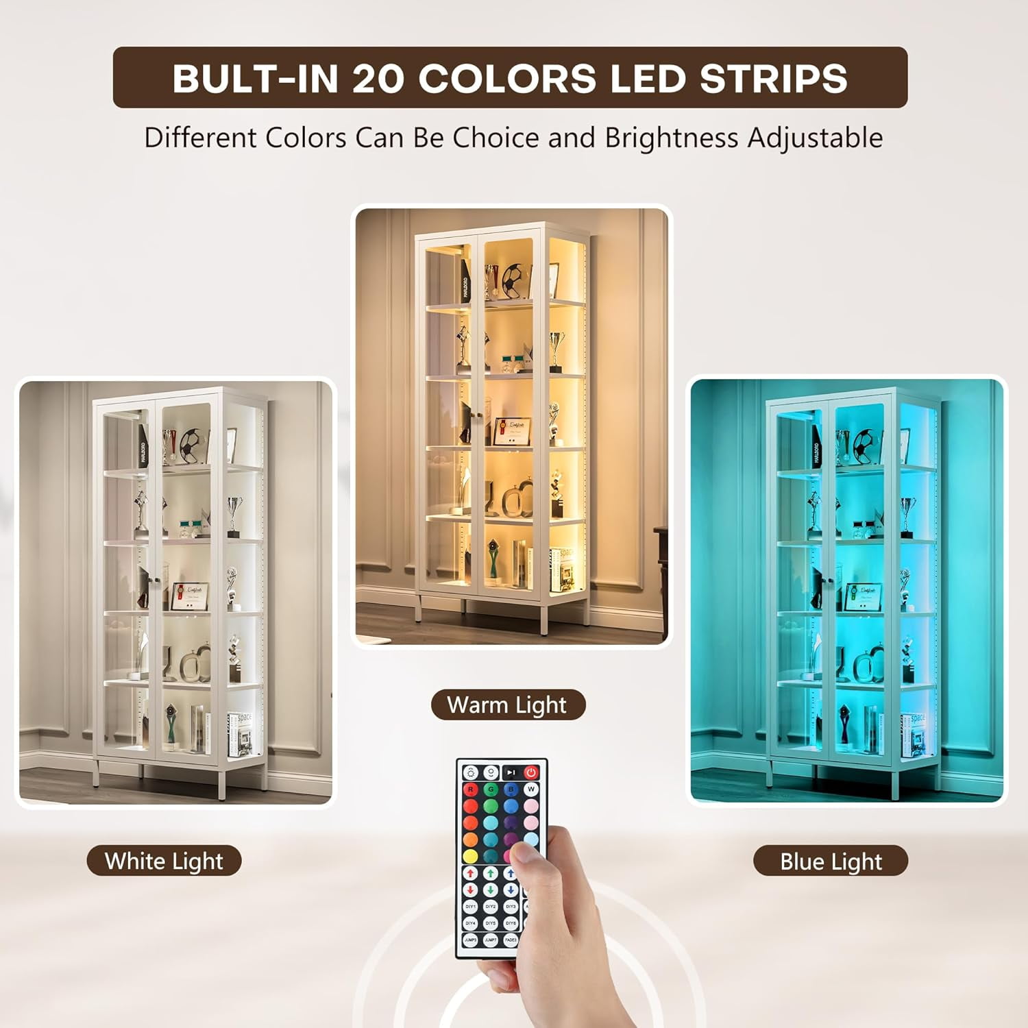 Display Cabinet with Glass Doors, 5-Tier Storage Shelves with 3-Side Tempered Glass, 4 Adjustable Shelves Collectibles Toys Organizers Rack, Display Shelf & Bookshelf, White