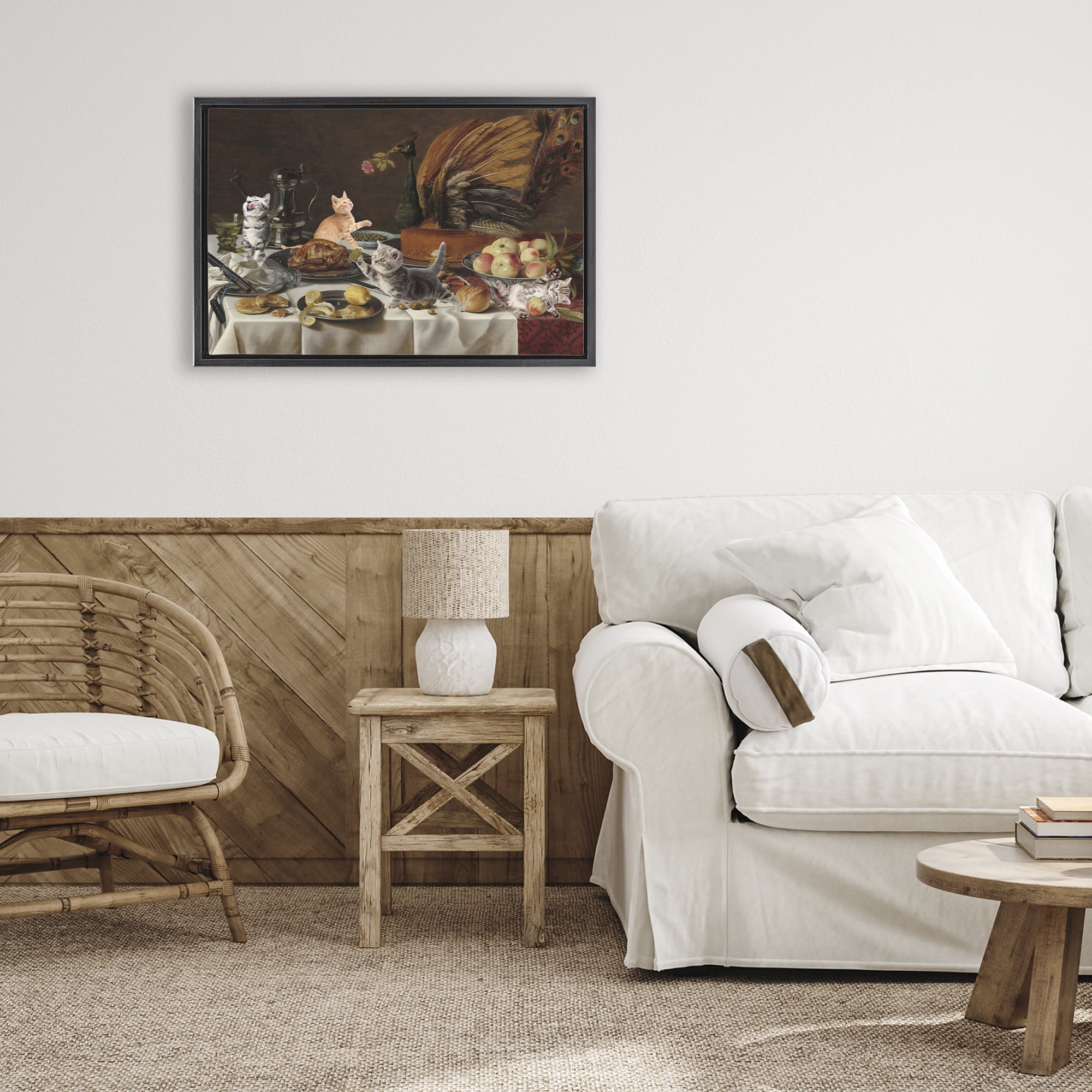 Kittens on Still Life Feast Black Framed Floater Canvas Wall Art, design by Masters Redux