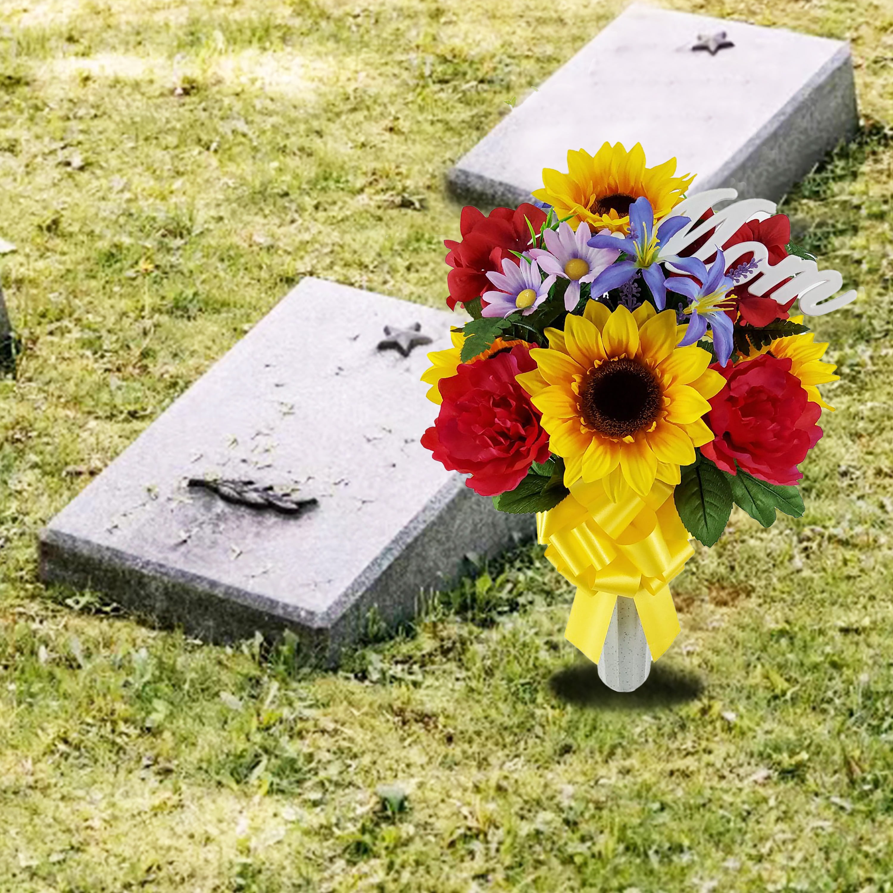 Mainstays 20in Outdoor Artificial Flowers in Vase with "Mom" Sign, Yellow Sunflower and Red Peony.