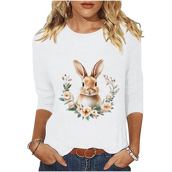 Womens Easter Shirts 3/4 Sleeve Tee Crew Neck Blouse Funny Bunny Graphic Tees Shirts Colorful Cute Holiday Tops Summer 2025