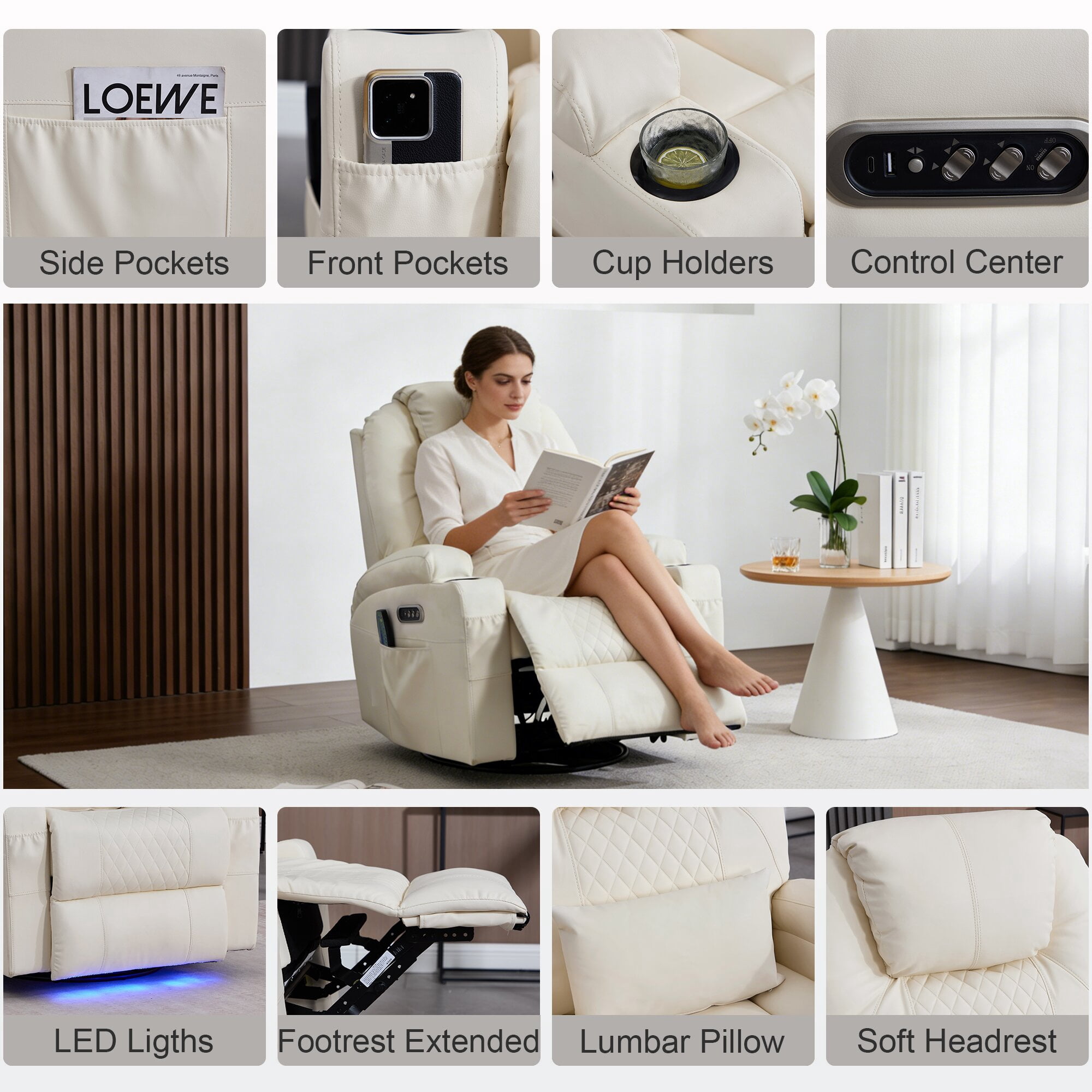 QJTC Power Swivel Rocker Recliner Chair for Living Room - Rocking Recliner with Heat and Massage/Cup Holder/LED Lights/USB & USB-C Ports,Beige