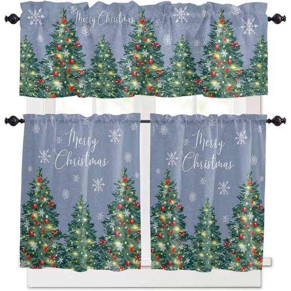 Christmas Grey Blue Kitchen Curtains and Valances Set, Rod Pocket Curtains Tier Farmhouse Window Curtains 36 Inch Length, Snowflake Pine Tree Snow Scenery 3 Piece Kitchen Curtains Set