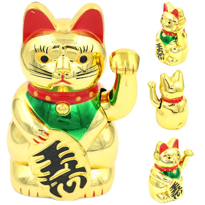 Feng Shui Chinese Lucky Waving Gold Cat Figure Moving Arm in Colourful Box Gift# 