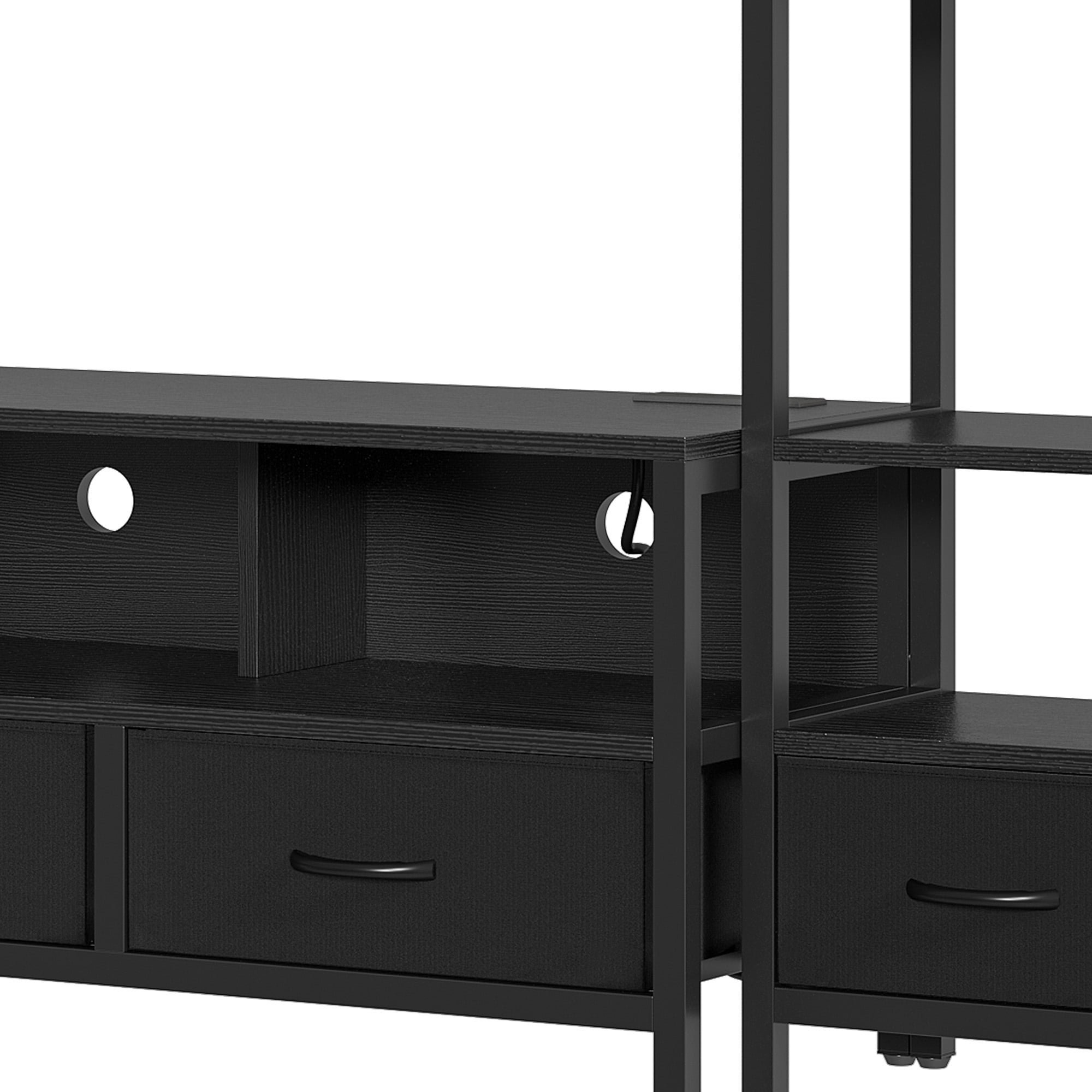 Uforic Modern Rustic Wood Metal Frame TV Stand with Remote Control LED Lights, USB Ports, Multi-Layer Storage Shelves & Fabric Drawers for Home Living Room, Black