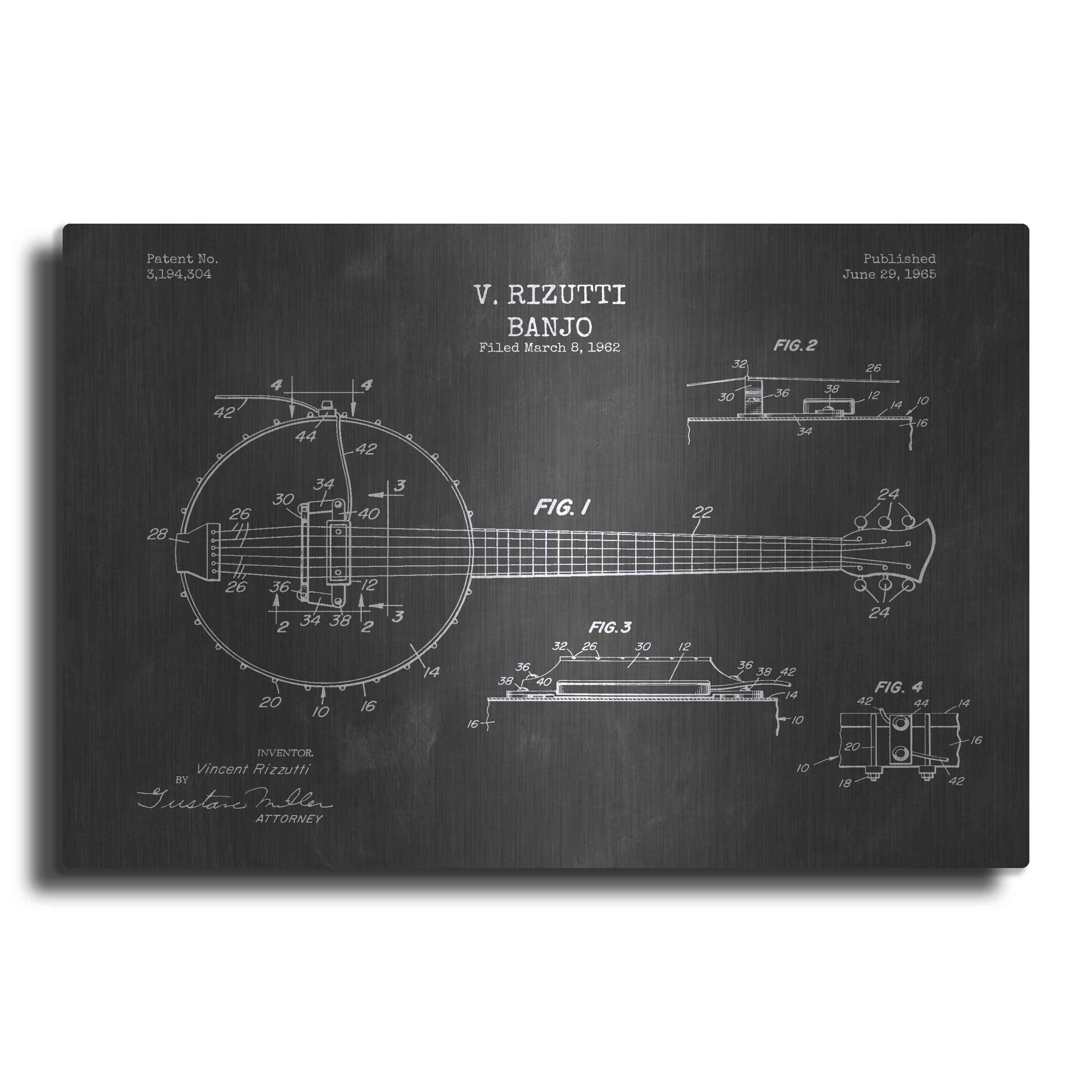 Luxe Metal Art 'Banjo Blueprint Patent Chalkboard' Metal Wall Art, 36