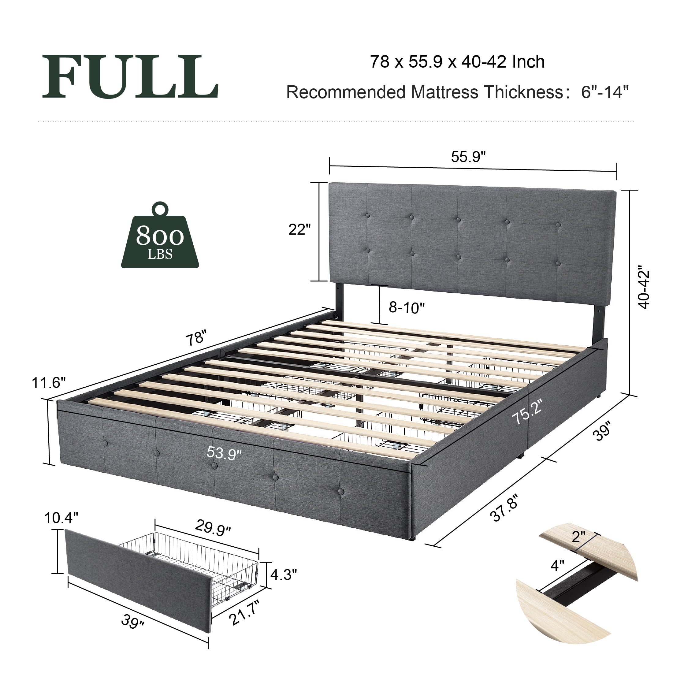 Amolife Full Size Platform Bed Frame with Square-stitched Headboard and 4 Drawers, Dark Gray