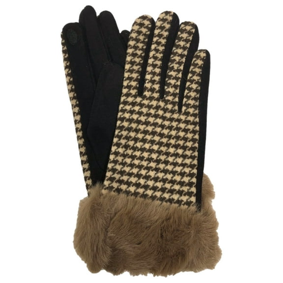 Womens Brown Houndstooth Faux Fur Stretch Fit Texting & Tech Touchscreen Gloves