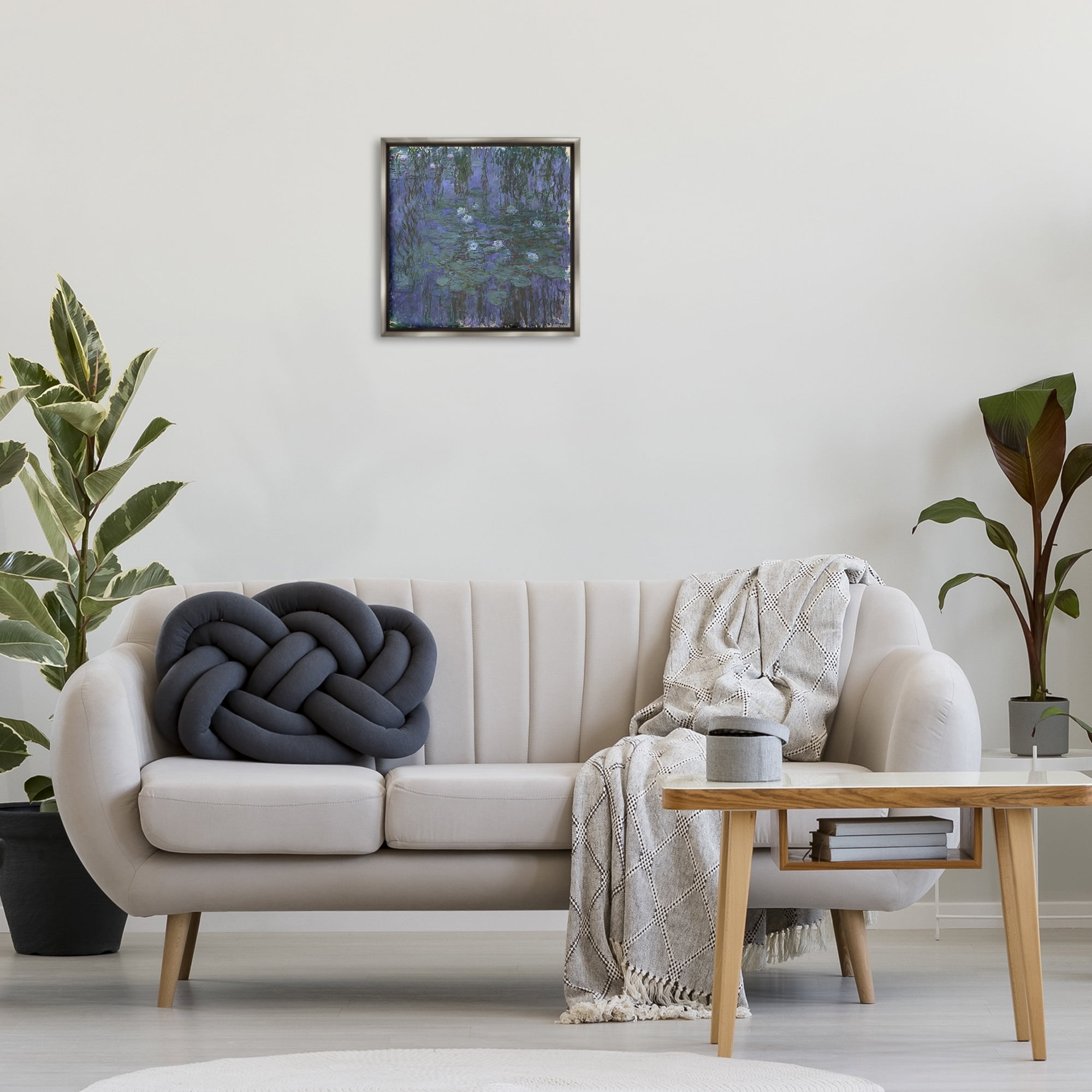 Stupell Industries Classic Monet Blue Water Lilies Landscape & Nature Painting Gray Floater Framed Canvas Art Print Wall Art, 18 x 18