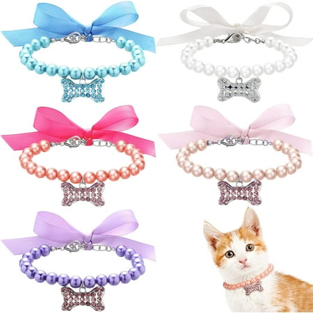 5 Pieces Pet Pearl Necklace Diamond Crystal Dog Pearl Necklace Collars with Bling Rhinestones Bone Dog Pearl Jewelry Set Wedding Collar for Puppy Pets Dogs
