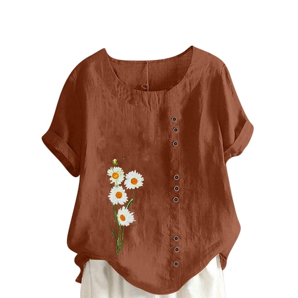 Camiseta suelta informal de verano con cuello redondo y manga corta con estampado de flores para mujer OAVQHLG3B Store lin121212