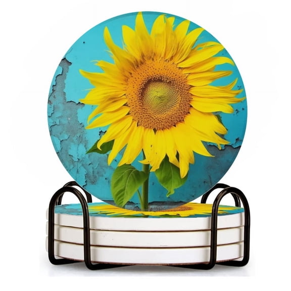 BaHomeck Drink Coasters Set of 4 with Holder yellow sunflower on old teal wall Water Absorbent Ceramic Coasters Tabletop Protection,Suitable for Various Cup ,Home Decor