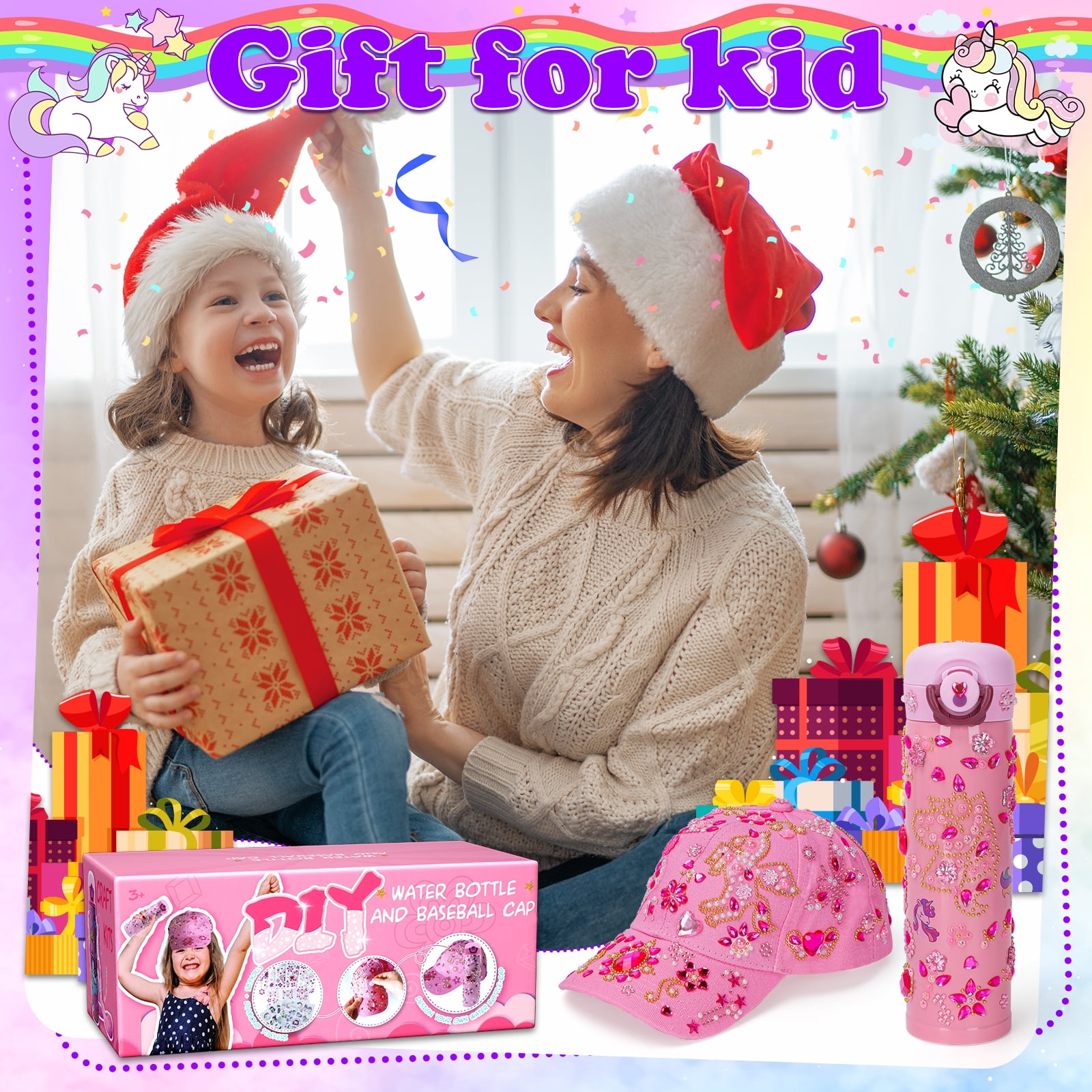 Pearoft Kids Gift for Girls Age 5 6 7 8 9 10 11 Years Old Birthday Presents for Kids, DIY Water Bottle and Baseball Cap Crafts Set for 6+ Girls Decorate Your Own Water Bottle with Glitter Gem Stickers