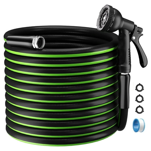 100ft Garden Hose 5/8" Heavy Duty Rubber Hydrid Water Hose 600 PSI with 10-Function Water Sprayer