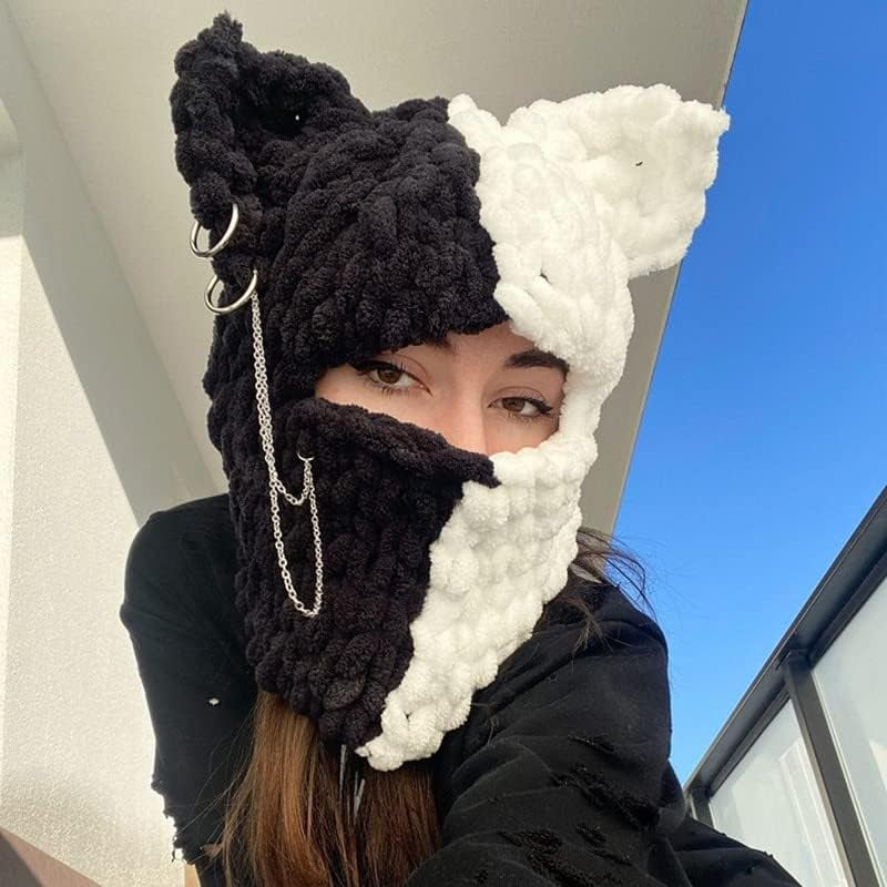 Y2k Knit Balaclava Face Mask for Women Men Bunny Ear Horn Ski Scarf Winter Warm Hat Knit Skull Beanie for Halloween