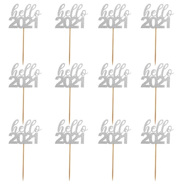 12Pcs Hello 2021 Cake Topper Decoration Food Party Birthday Cake Dessert DIY Party Decoration for Kids Women Men, Silver