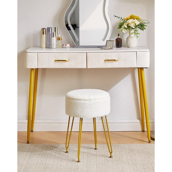 Teddy Velvet Storage Ottoman Footrest Stool, White, Removable Cover, Golden Steel Legs, Doubles as Makeup Vanity Stool or Side Table with Coffee Table Top Cover