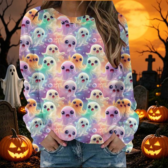 Zysthvn Spooky Season Women Sweatshirt Casual Halloween Fall Sweatshirt for Women Crewneck Ghost Graphic Long Sleeve Tops