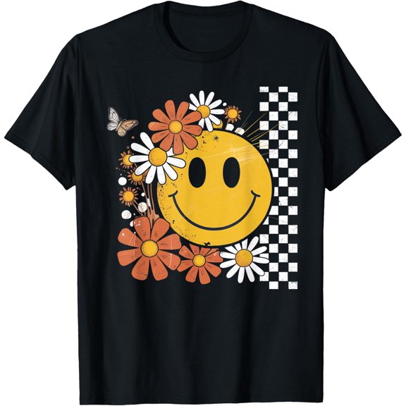 Happy Flower Smile Face Checkered Graphic T-Shirt Size S-5XL