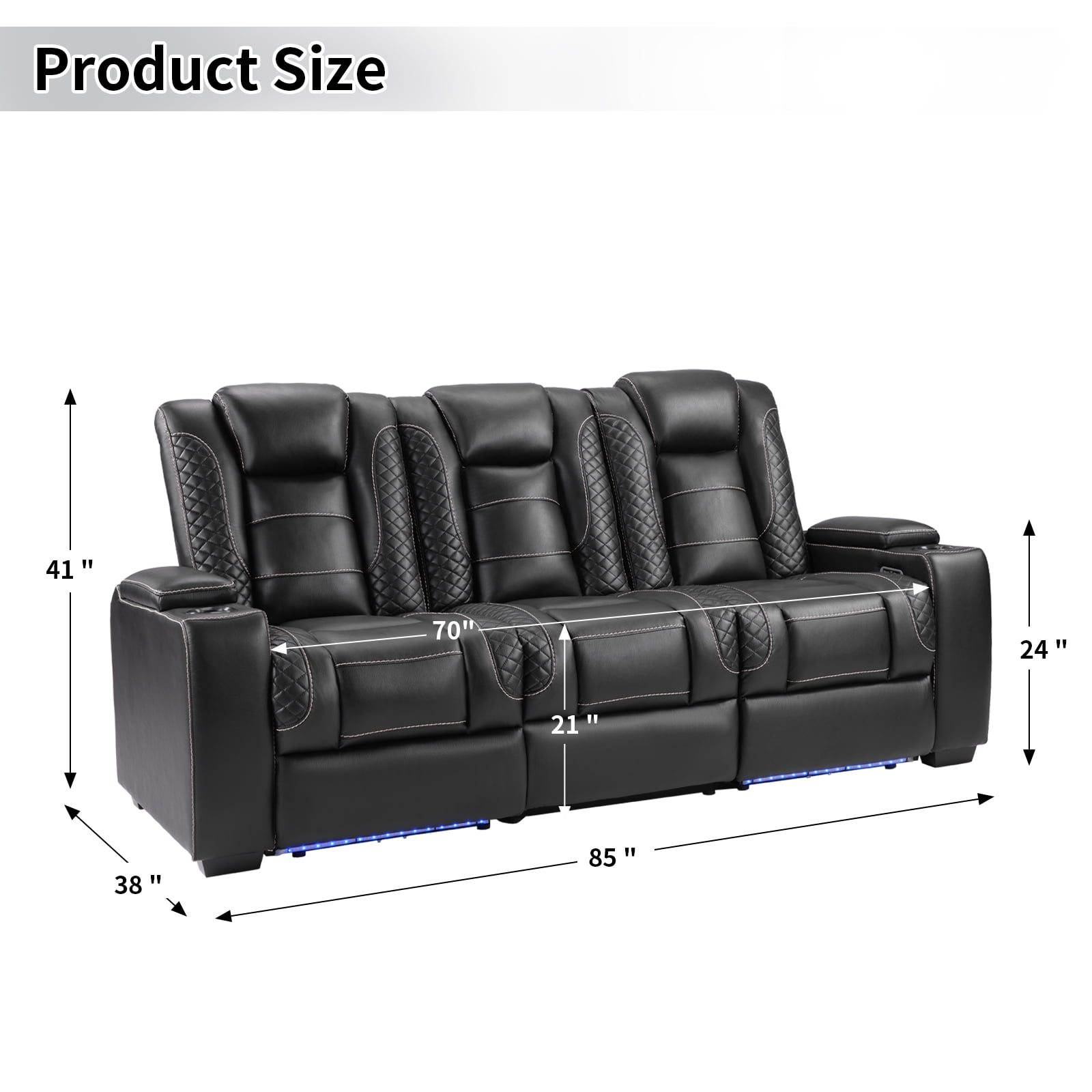 Bonzy Home Power Theater 3-Seat Recliner Sofa — PU Leather Power Recliner with Cup Holders, Hidden Arm Storage, USB Ports, LED Lights & Adjustable Headrests, Black