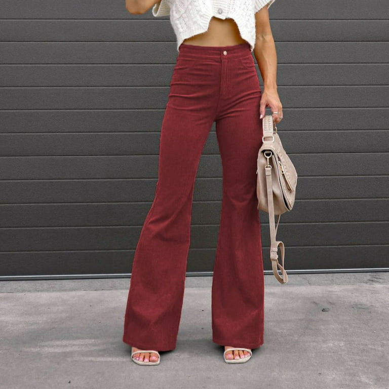 XFLWAM Women's High Waist Flare Pants Casual Wide Leg Bell Bottom Leggings  Solid Color Plus Size Long Trousers with Pockets Wine Red 3XL