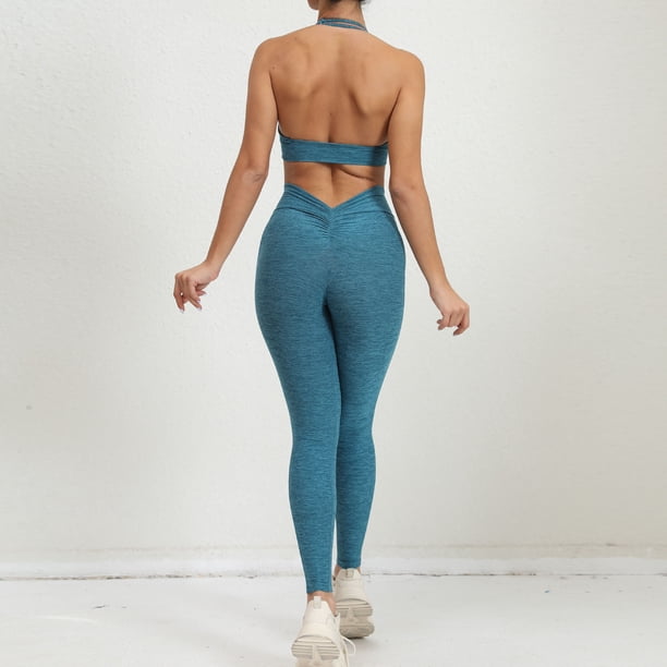 Traje de ejercicio de fitness para yoga con cintura en V y bolsillos laterales en la cadera con tirantes ajustables tipo halter