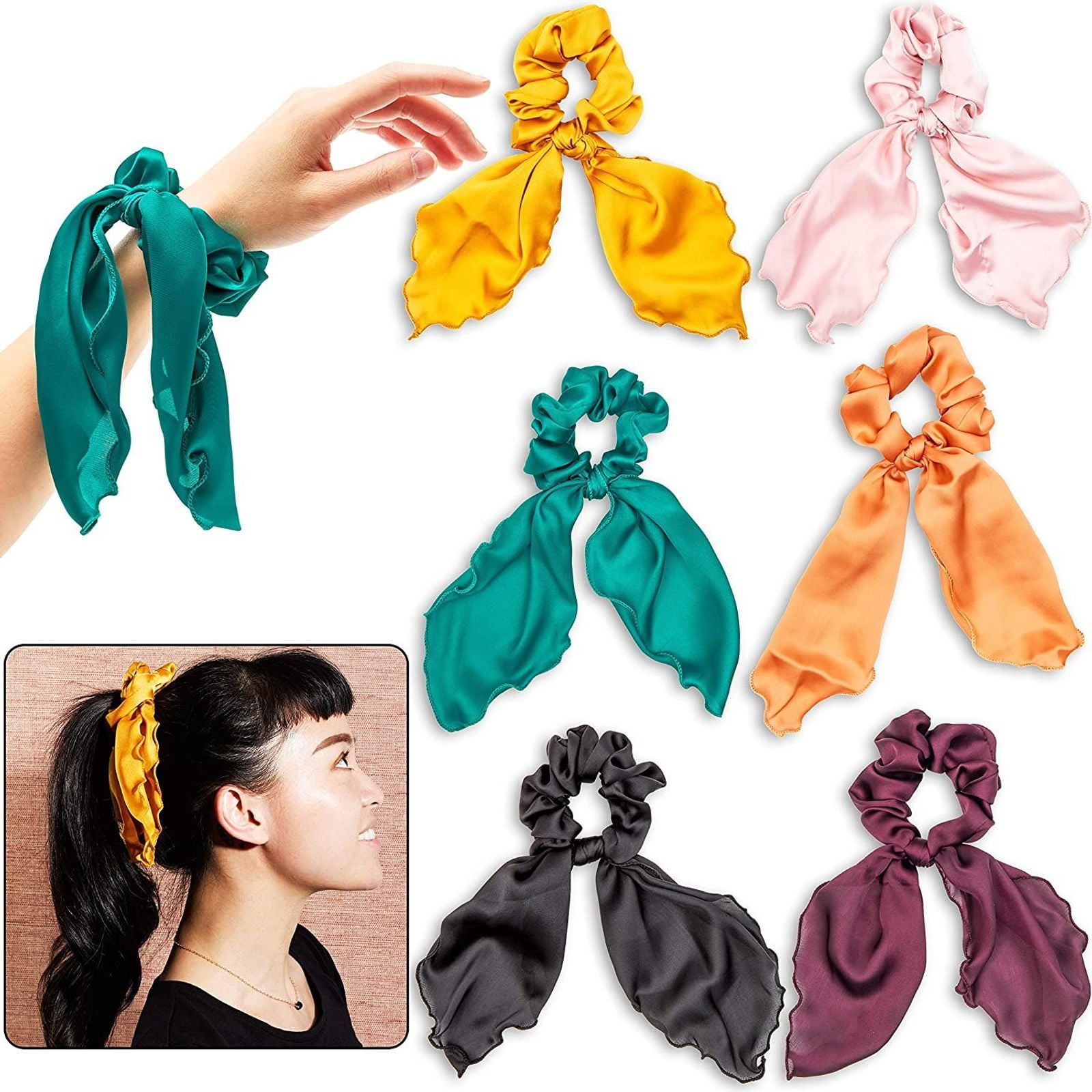 Bright Neon Hair Scrunchies Hair Bands for Women Bow Knot Bunny Ear Elastic Ties