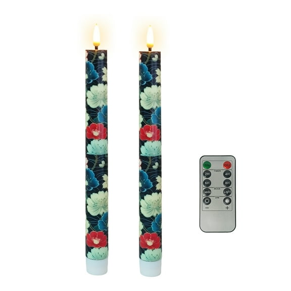 2PCS Printed Flameless Taper Candles with Classic Japanese Pattern Elements, 10 Inch LED Candlesticks Battery Operated with 10-Key Remote for Wedding Party Home Decor Gifts