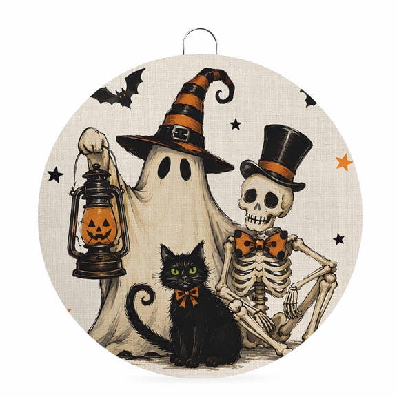 Welcome Sign for Front Door, Funny Ghost Halloween Round Metal Wall Art Wreaths, Black Cats Skull Vintage Outdoor Indoor Wall Hanging Sign for Porch Decor Housewarming Gifts 5.9 Inch