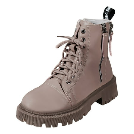 YHGFVOKJ Boots for Women Fashion Autumn Lace up Solid Thick Sole Square Heels Lug Sole Zipper Short Boots Square Toe Shoes Platform Slippers Khaki 38