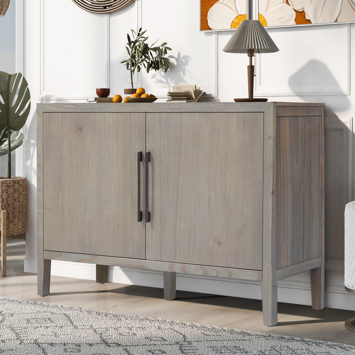 47.25" Farmhouse Sideboard Buffet Cabinet with Storage, 2 Door Wooden Coffee Bar Cabinet with Pine Veneer and Metal Handles for Kitchen, Living Room, Entryway, Gray