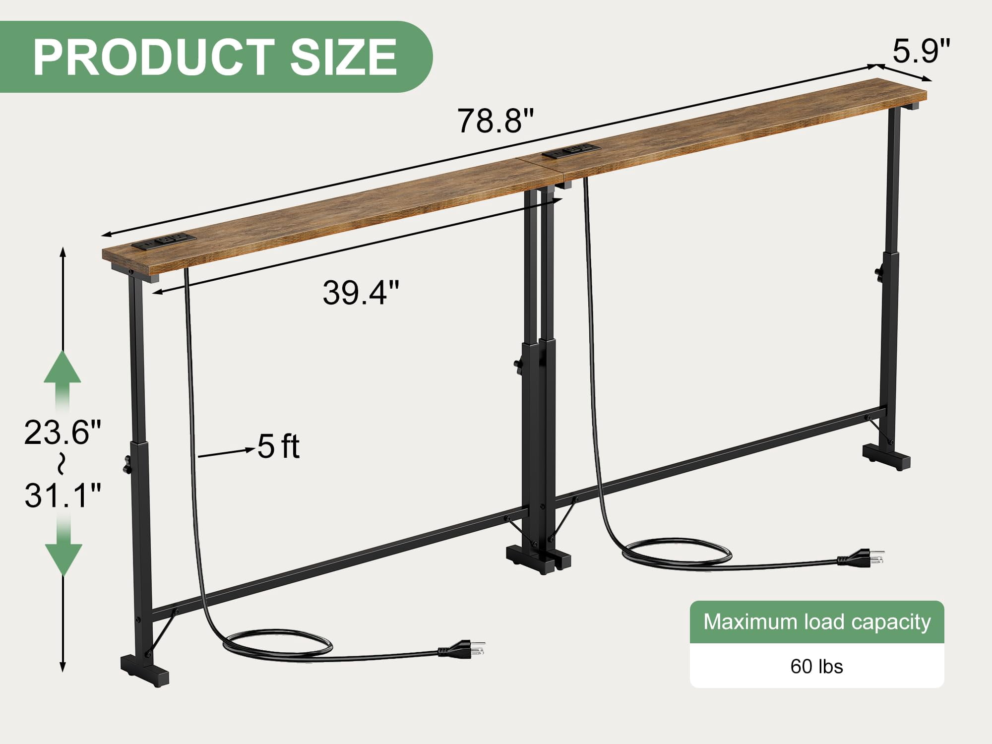 2 Pack 79" Behind Couch Table with Adjustable Height Narrow Console Sofa Table with 2 Power Outlets Long Entryway Table for Hallway Bedroom Living Room Decor Foyer Furniture Rustic Brown