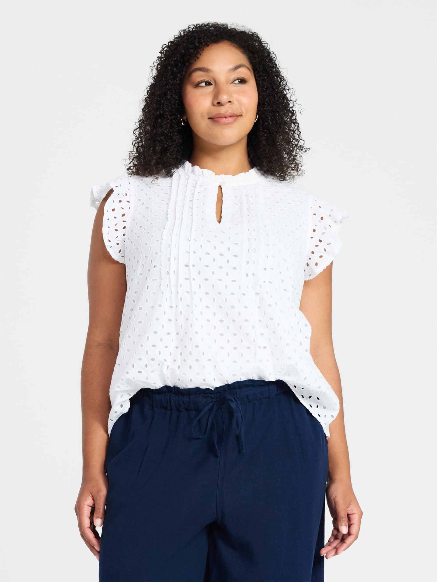 Time and Tru Women's Cotton Eyelet Top with Short Flutter Sleeves, Sizes XS-XXXL