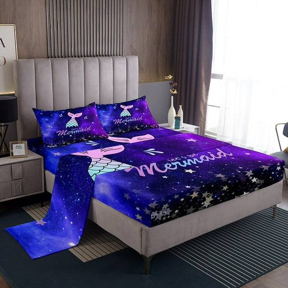 Little Mermaid Tail Bed Sheets Set Galaxy Twin Sheet Set for Girls,Starry Sky Stars Sheets Gradient Blue Purple Flat Fitted Sheet,Nautical Sea Animal Room Decor