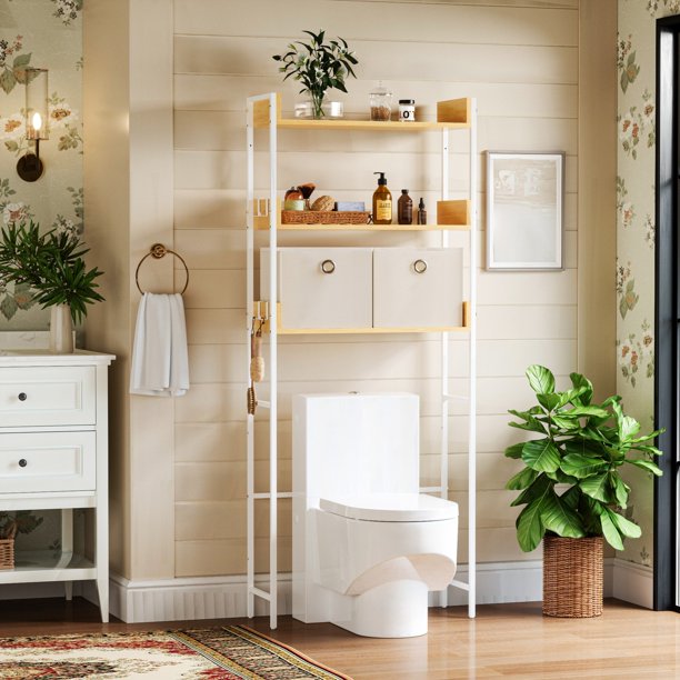 Organizador para Baño sobre Inodoro de Altura Ajustable con Repisas y Cajas de Tela , Estante Ahorrador de Espacio