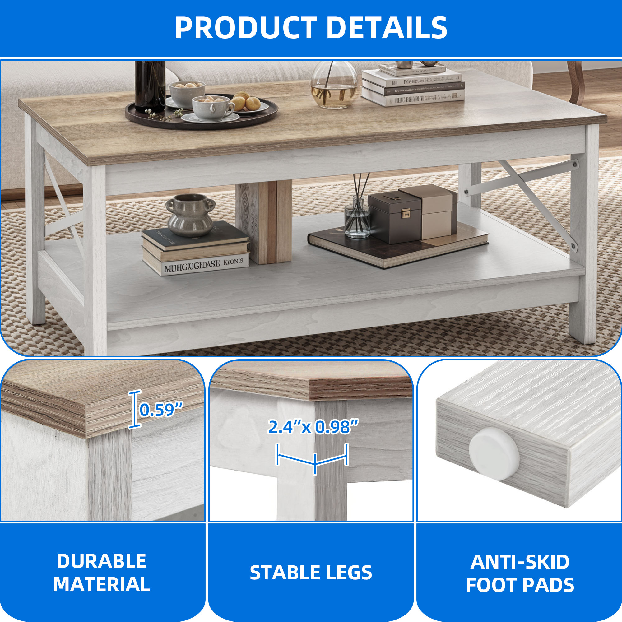 Dextrus Farmhouse Rustic Wood Coffee Table, Oak photo 3