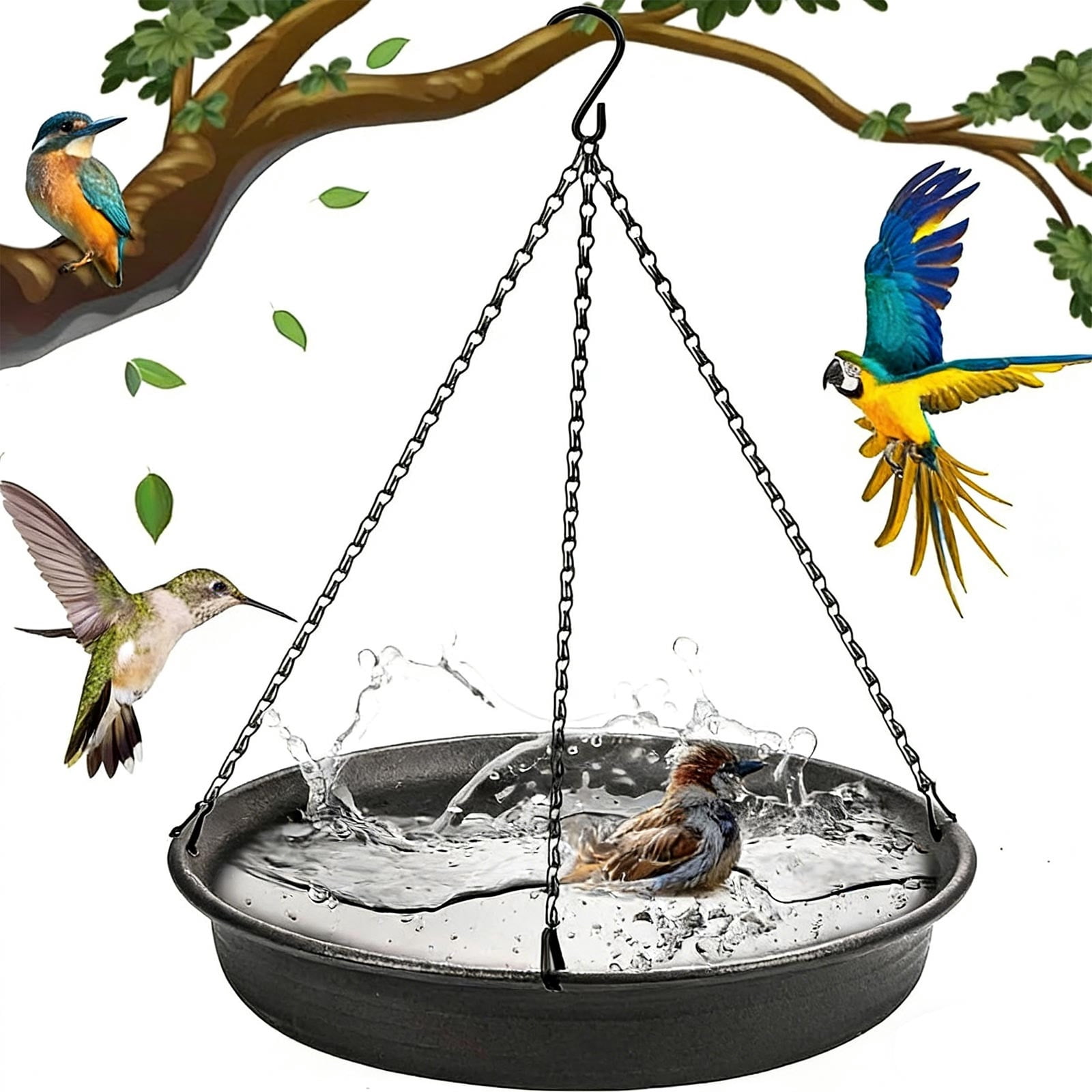Hanging Bird Bath Feeder Tray | Iron Garden Birdbath | Outdoor Bird Attractor for Courtyards and Gardens