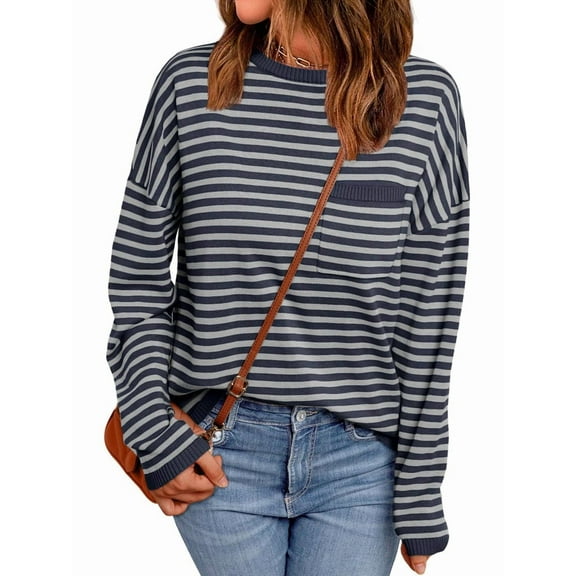 Womens Striped Soft Knit Pullover Sweater Loose Fit Shirts with Chest Pocket L