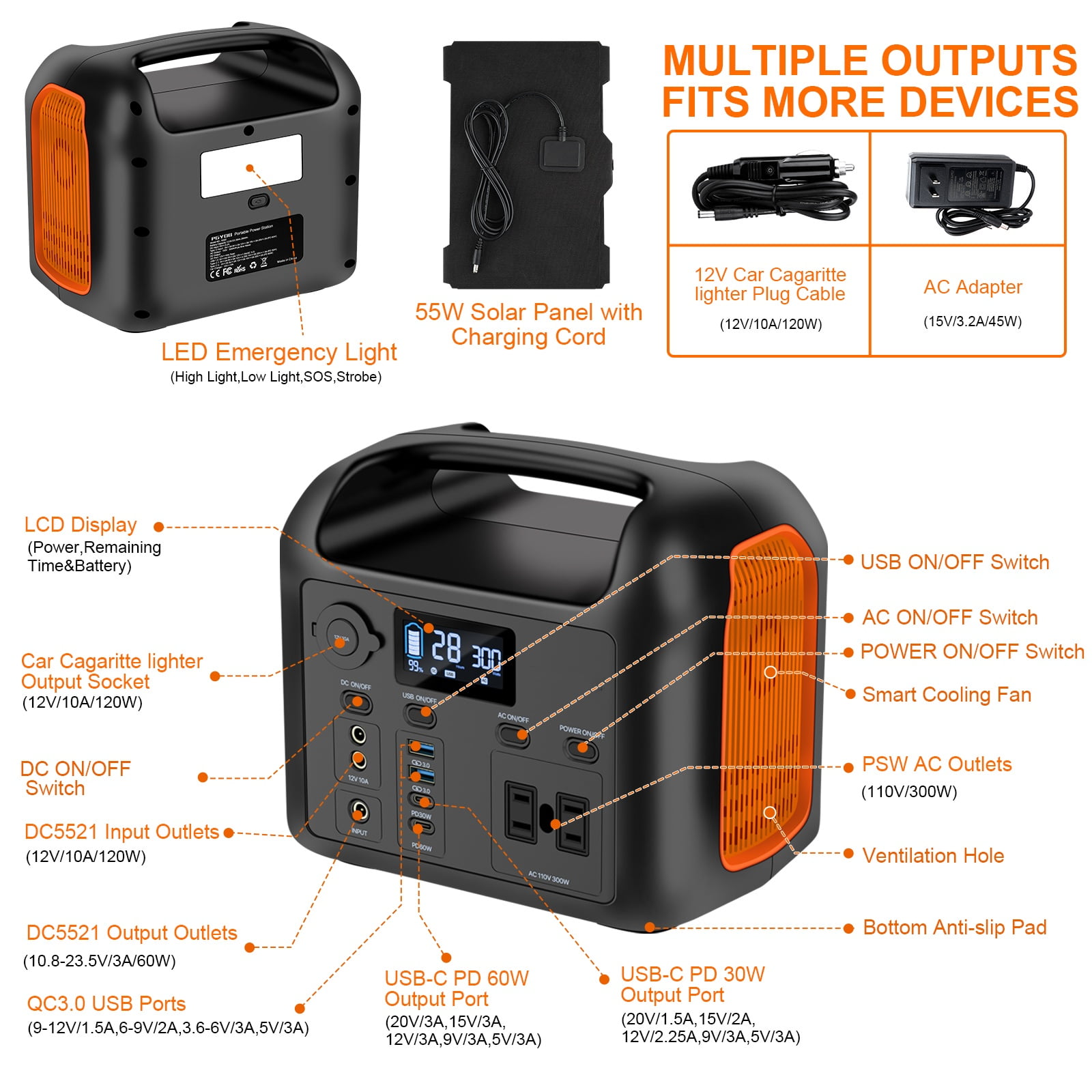 R300 299Wh Portable Power Station With 55W Solar Panel, Pure Sine Wave Solar Generator, Battery Pack, Emergency Power Station with 110V/300W 2 AC Outlets, PD 60W USB-C&Dual 12V/120W Ports Power