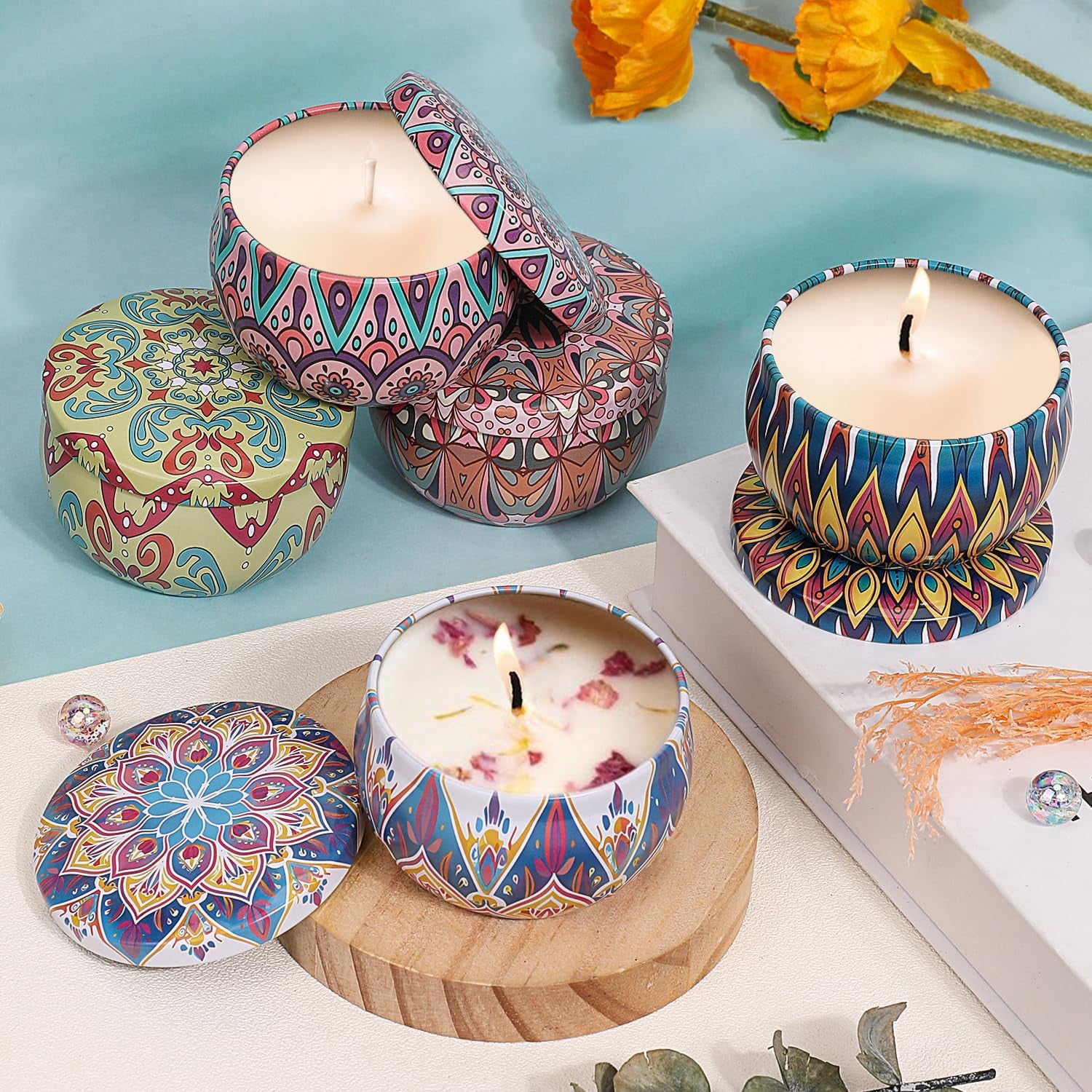 10 Packs 4 oz Candle Tins kit Making Tins Jars 100pcs Wicks Wick Stickers Containers for Candles (Flowers)