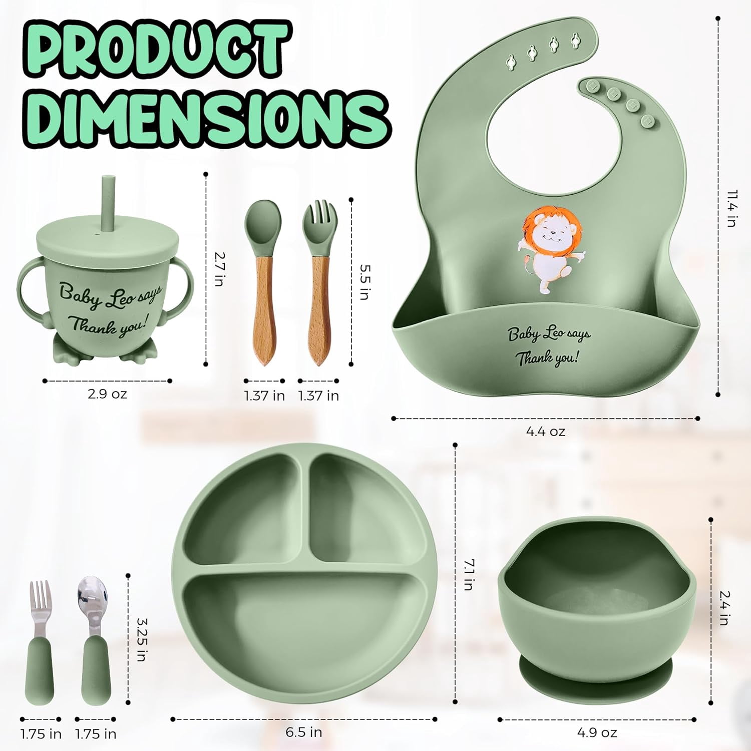 Baby Feeding Set 12 Piece Led Weaning Supplies Suction Bowl and Plate, Divided Plate, Spoon, Fork, Cup, Adjustable Bib Baby Self Feeding Utensils