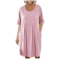 thumbnail image 7 of APEXFWDT Women's Cotton Linen Loose Dress Summer Crew Neck Short Sleeve Dress with Pockets, Knee Length Casual Dress,M,Pink, 7 of 7
