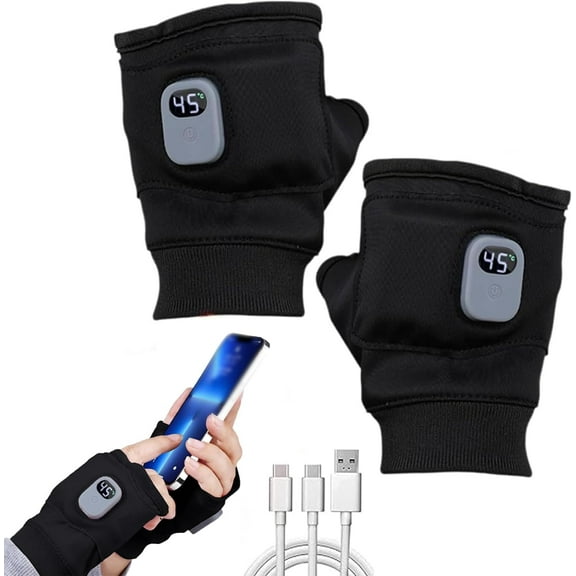 Portable Heating Gloves with Digital Display,Smart Thermostatic Heated Fingerless Gloves, 2026 New Rechargeable Fingerless Heated Gloves for Women Men(black)