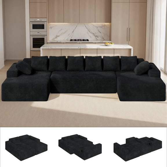 Daluvenix U Shaped Cloud Sofa 131'' Modular Sectional Couch with Double Chaise Modular Lounge Bed for Living Room No Assembly Required Black