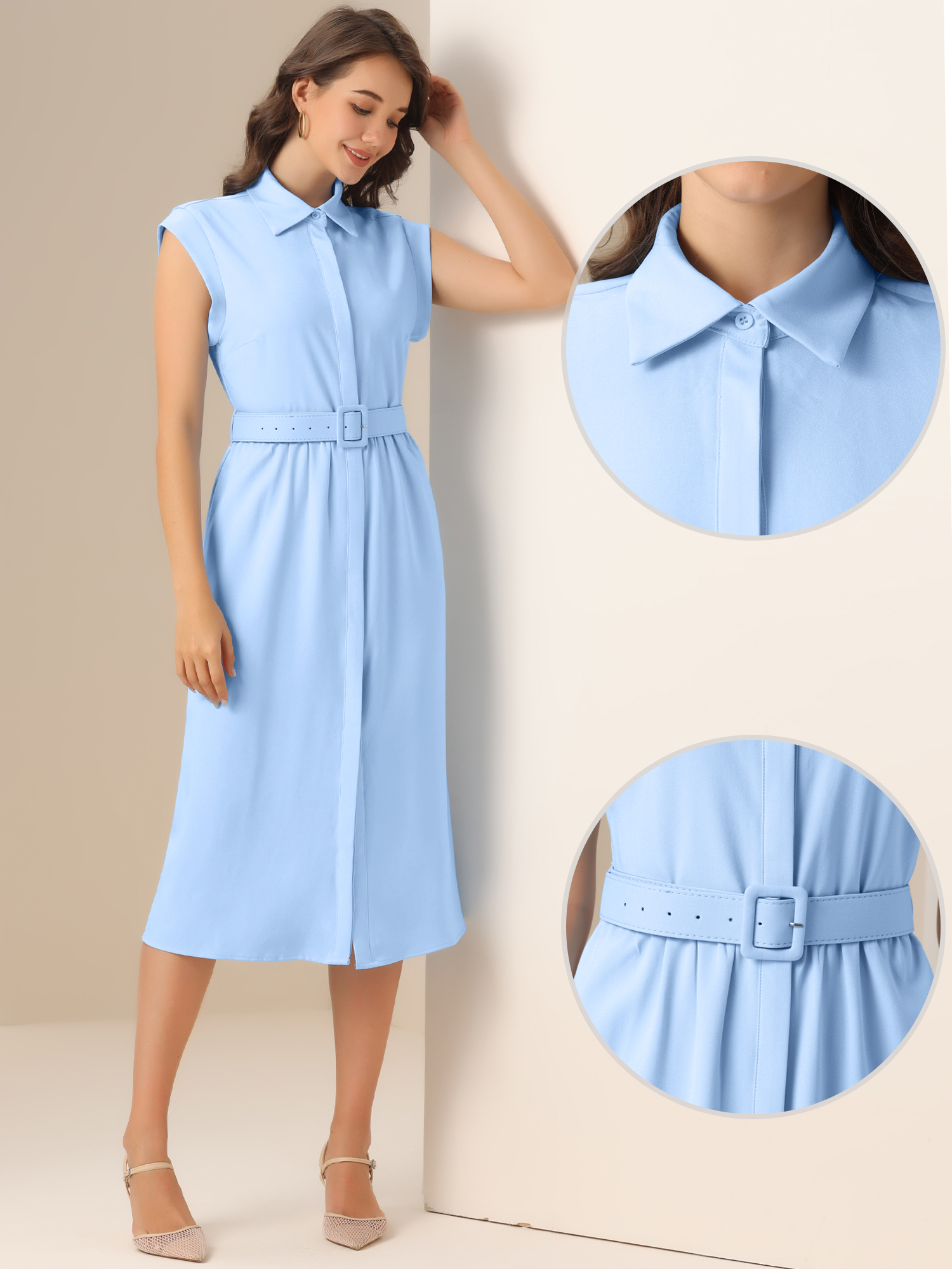 DARING DIVA Women's Sleeveless Collared Button Down Belted Midi Dress XL Blue