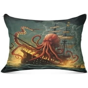 Bestwell Octopus Pirate Ship Plush Pillow Case,Zippered Bed Pillow Pillowcases,Super Soft and Cozy Pillowcase Covers for Sleep Decoration - Queen Size 20x30in