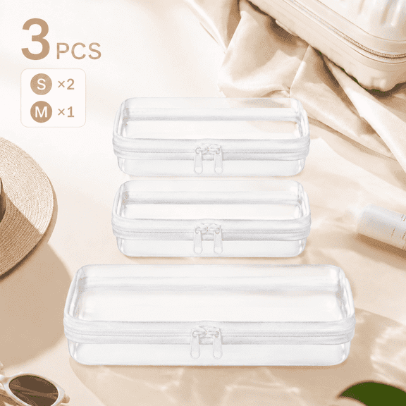 Hakimiyad 3-Pack Clear Zipper Pouch Set, Hard Shell Travel Organizer, Toiletry Bag, Cosmetic Bag, Diaper Bag Organizer, Crush-Resistant Case for Makeup, Cables, Toys