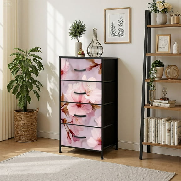 4 Drawer Vertical Storage Dresser Romantic Cherry Blossom Watercolor Art with Wood Top Fabric Pull Drawers
